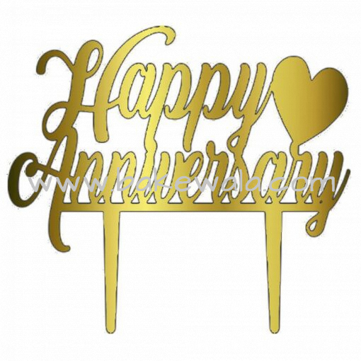 Acrylic Cake Topper or Silhouette - Happy Anniversary - Design 2 - 6 Inch -  Gold