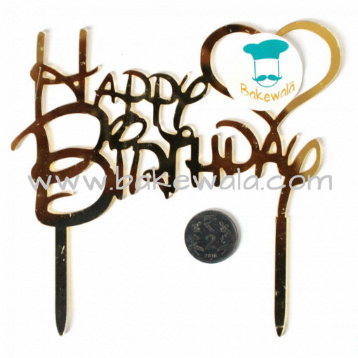 Acrylic Cake Topper or Silhouette - Happy Birthday - Gold - Type 2