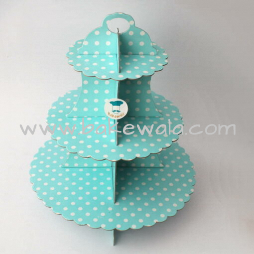 3 Tier Cardboard Cupcake stand - Blue and White - Polka Dots