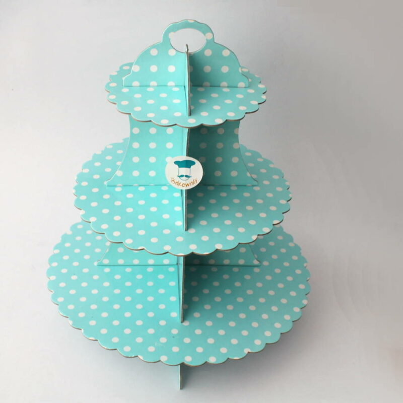 3 Tier Cardboard Cupcake stand - Blue and White - Polka Dots