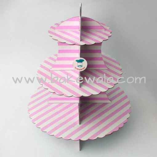 3 -tier Cardboard Cupcake Stand - Baby Pink - Stripes