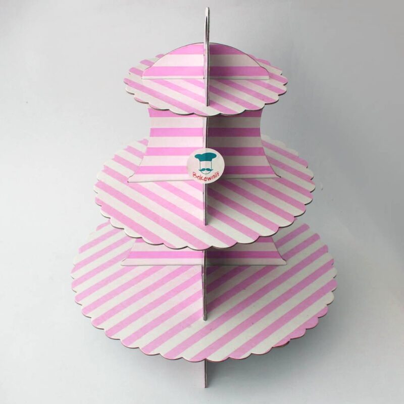 3 -tier Cardboard Cupcake Stand - Baby Pink - Stripes