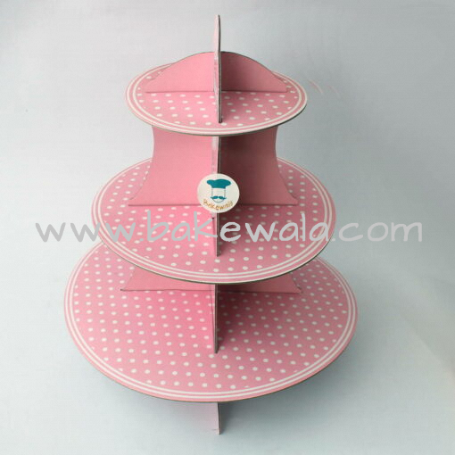 3 Tier Cardboard Cupcake stand - Pink and White Dotted Pattern