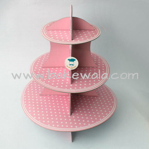 3 Tier Cardboard Cupcake stand - Pink and White Dotted Pattern