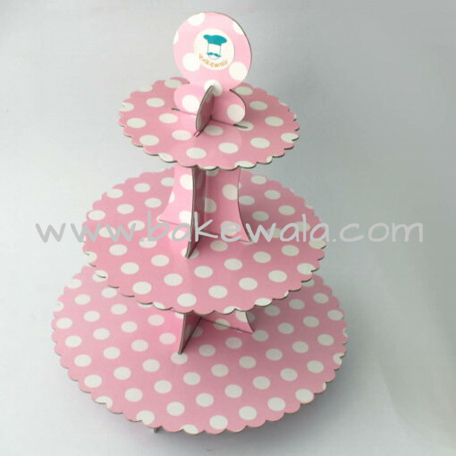 3 Tier Cardboard Cupcake stand - Pink - Large Polka Dots