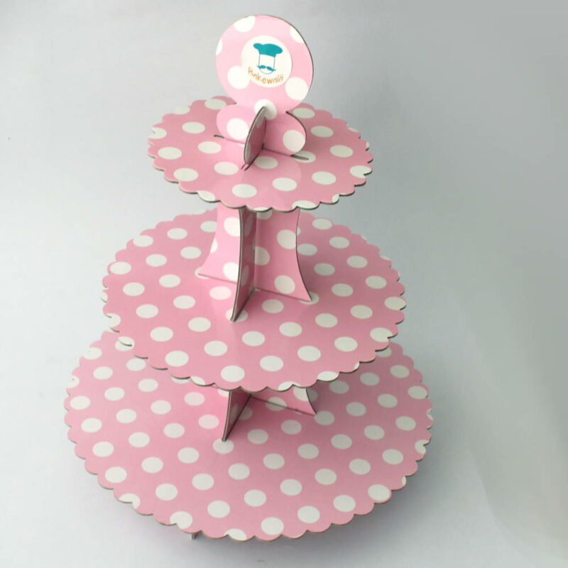 3 Tier Cardboard Cupcake stand - Pink - Large Polka Dots