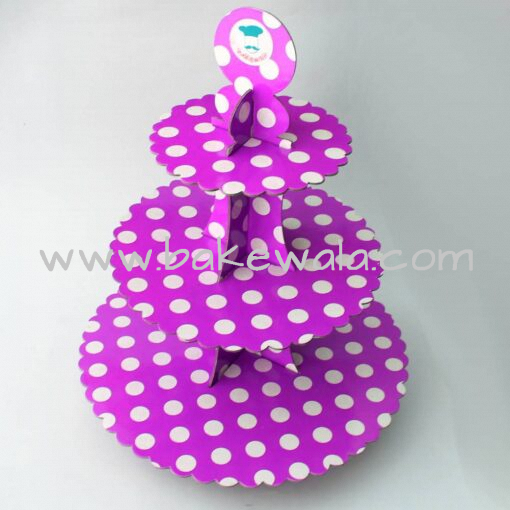 3 Tier Cardboard Cupcake stand - Purple - Large Polka Dots