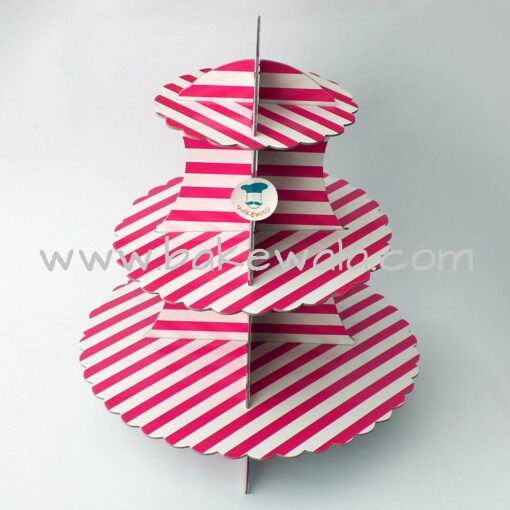 3 -tier Cardboard Cupcake Stand - Pink - Stripes