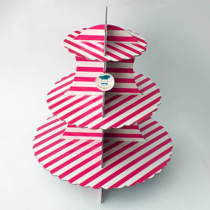 3 -tier Cardboard Cupcake Stand - Pink - Stripes