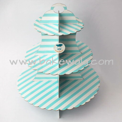 3 Tier Cardboard Cupcake stand - Blue and White - Stripes