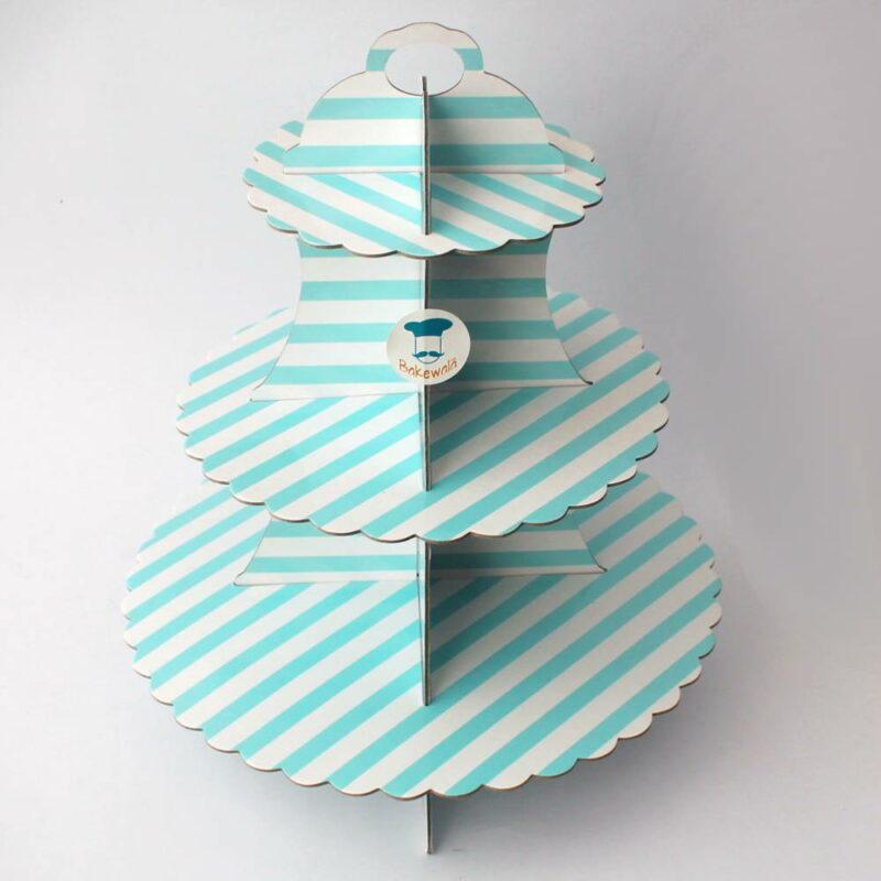 3 Tier Cardboard Cupcake stand - Blue and White - Stripes
