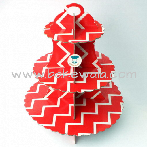 3 Tier Cardboard Cupcake stand - Red and White - Chevron