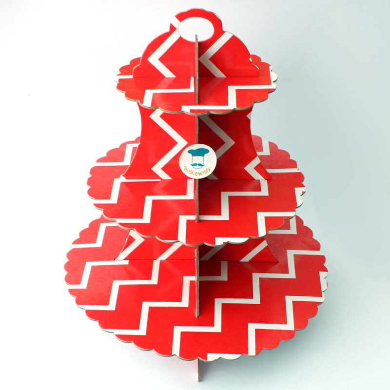 3 Tier Cardboard Cupcake stand - Red and White - Chevron