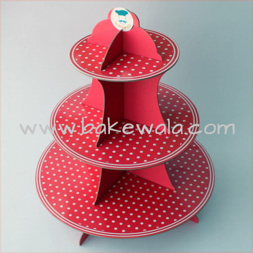 3 Tier Cardboard Cupcake stand - Red and White Dotted Pattern