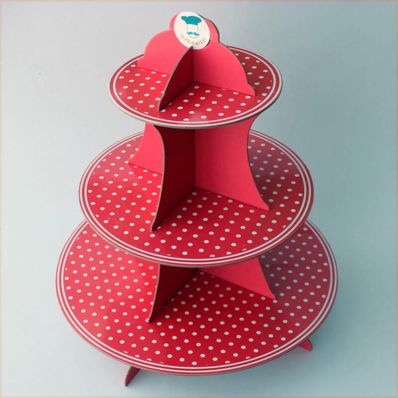 3 Tier Cardboard Cupcake stand - Red and White Dotted Pattern