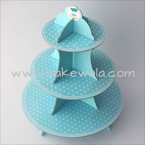 3 -tier Cardboard Cupcake Stand - Blue and White - Polka Dots