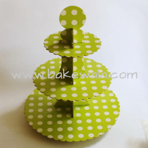 3-tier Cardboard Cupcake Stand - Green - Large Polka Dots