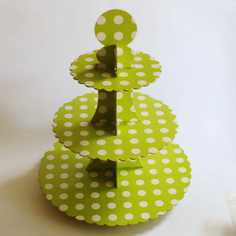 3-tier Cardboard Cupcake Stand - Green - Large Polka Dots