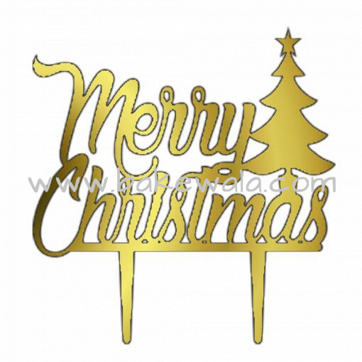 Acrylic Cake Topper or Silhouette - Merry Christmas - Design 1 - 4 Inch -  Gold